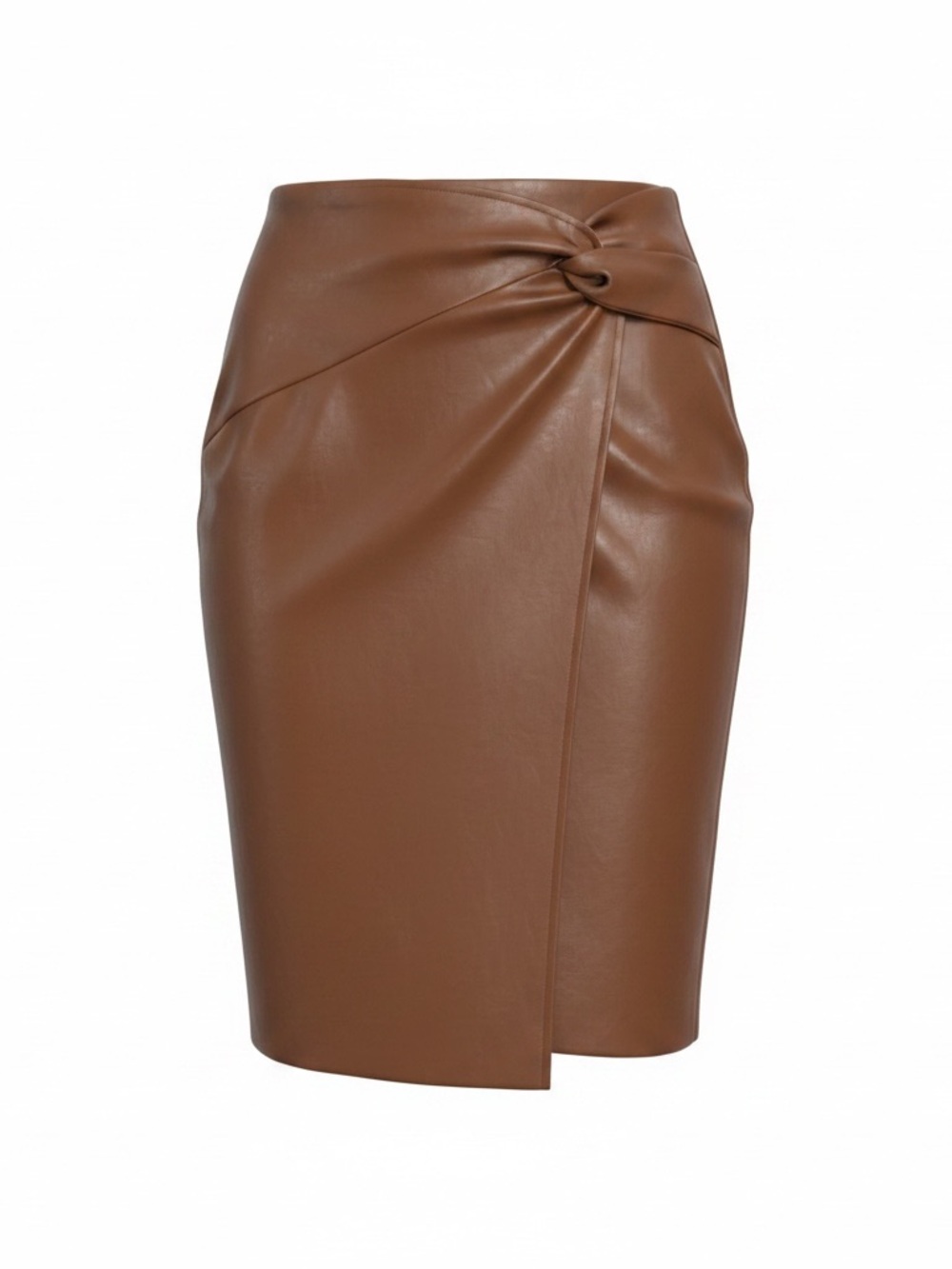 Knot-Detail Faux Leather Pencil Skirt in Brown